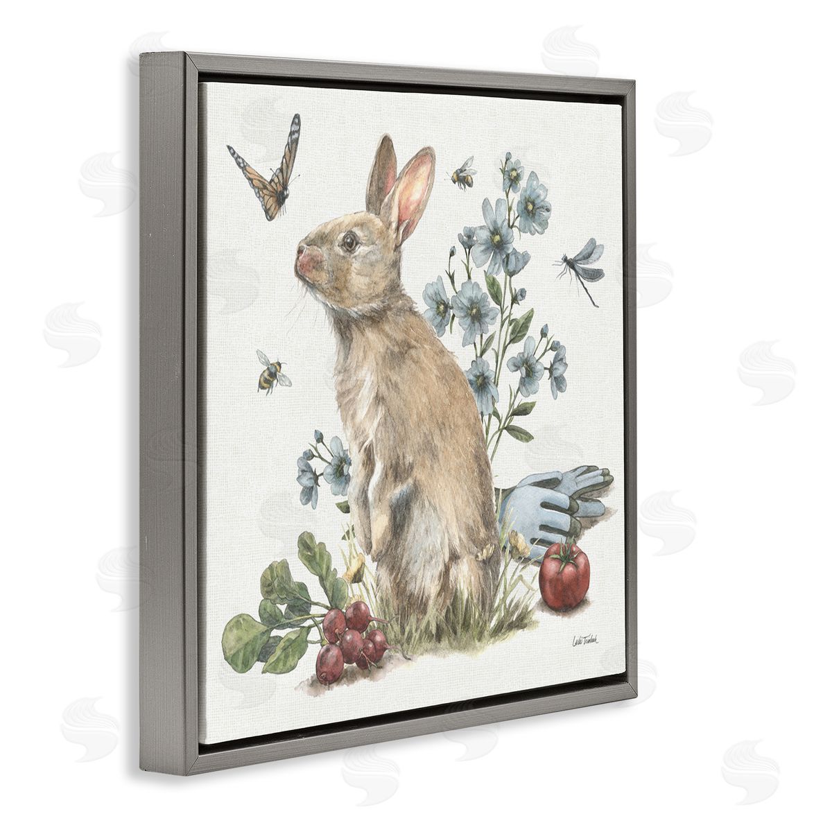 Garden Patch Bunny Grey Floating Frame Canvas Wall Art, Home Decor by Leslie Trimbach