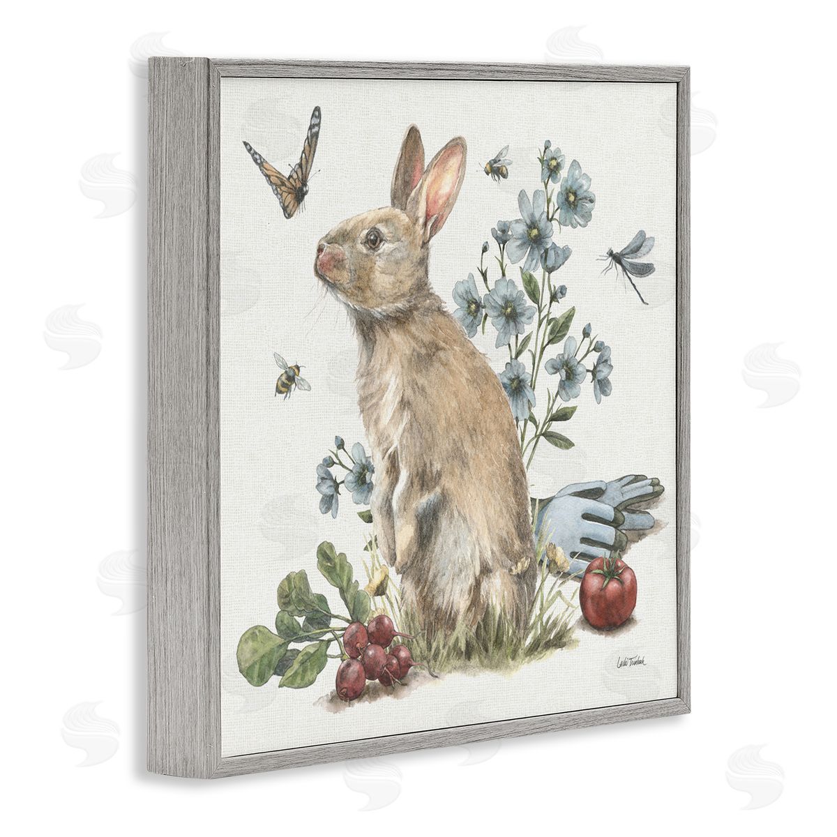 Garden Patch Bunny Grey Frame Print Wall Art, Home Decor by Leslie Trimbach