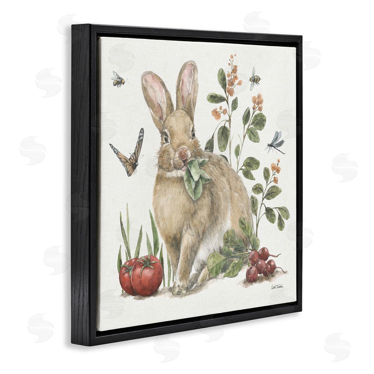 Rabbit and Butterfly Garden Black Floating Frame Canvas Wall Art, Home Decor by Leslie Trimbach