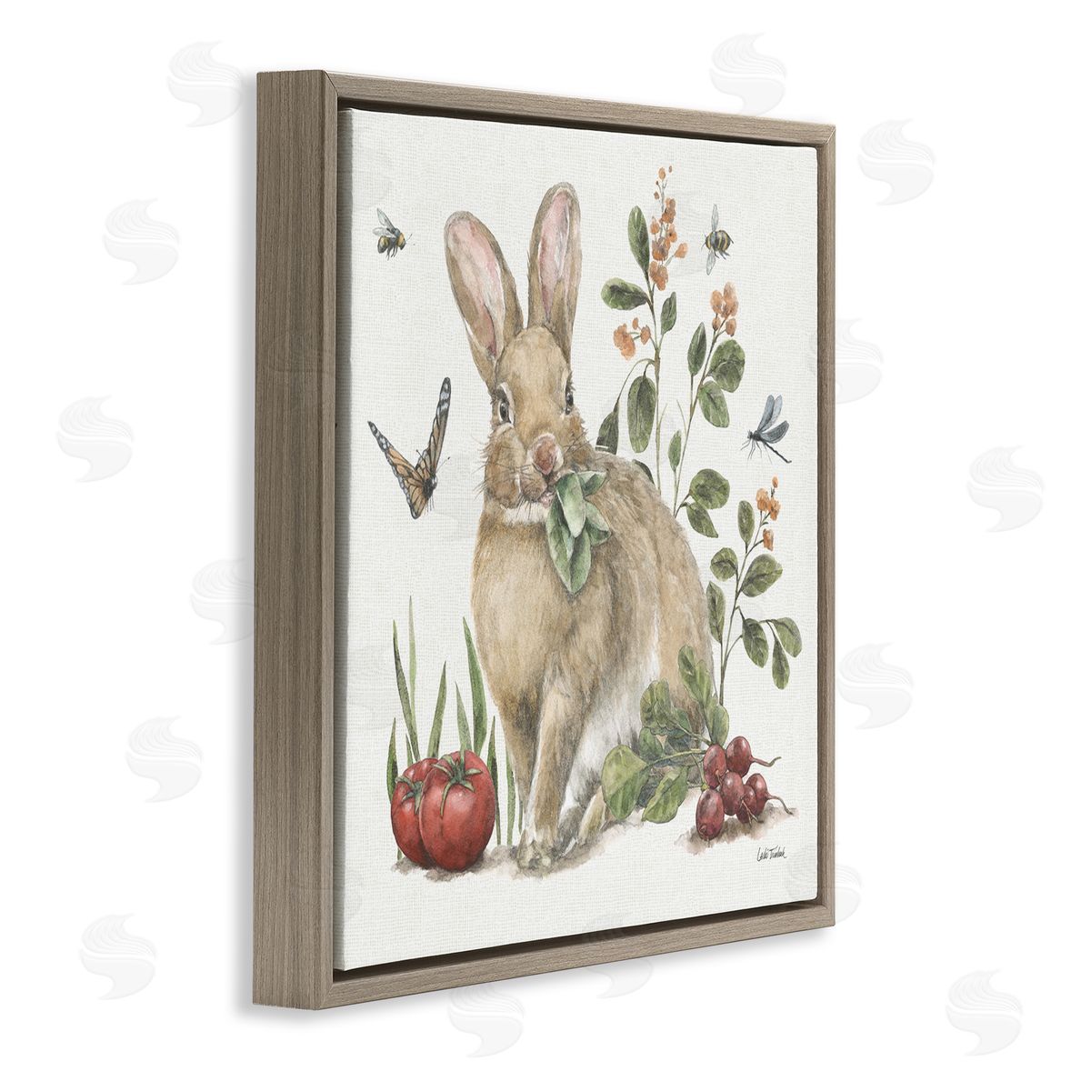 Rabbit and Butterfly Garden Brown Floating Frame Canvas Wall Art, Home Decor by Leslie Trimbach