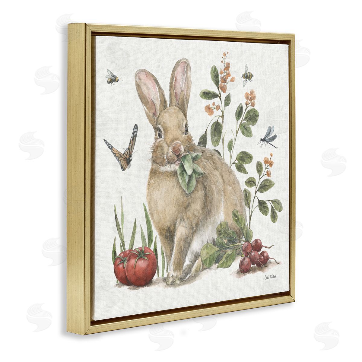 Rabbit and Butterfly Garden Gold Floating Frame Canvas Wall Art, Home Decor by Leslie Trimbach
