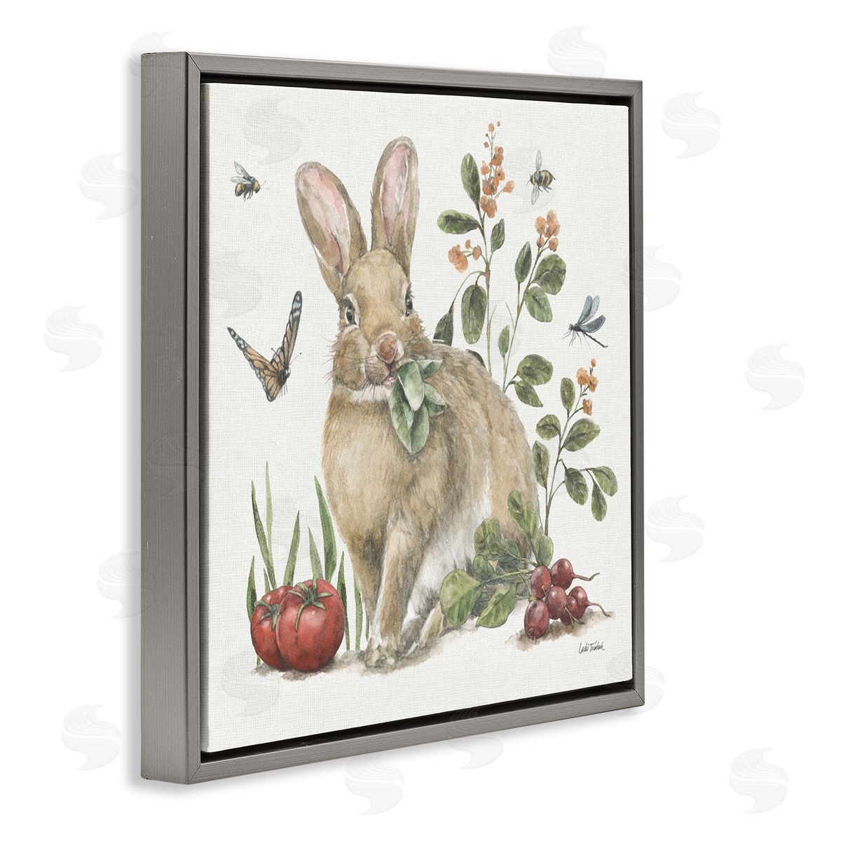 Rabbit and Butterfly Garden Grey Floating Frame Canvas Wall Art, Home Decor by Leslie Trimbach