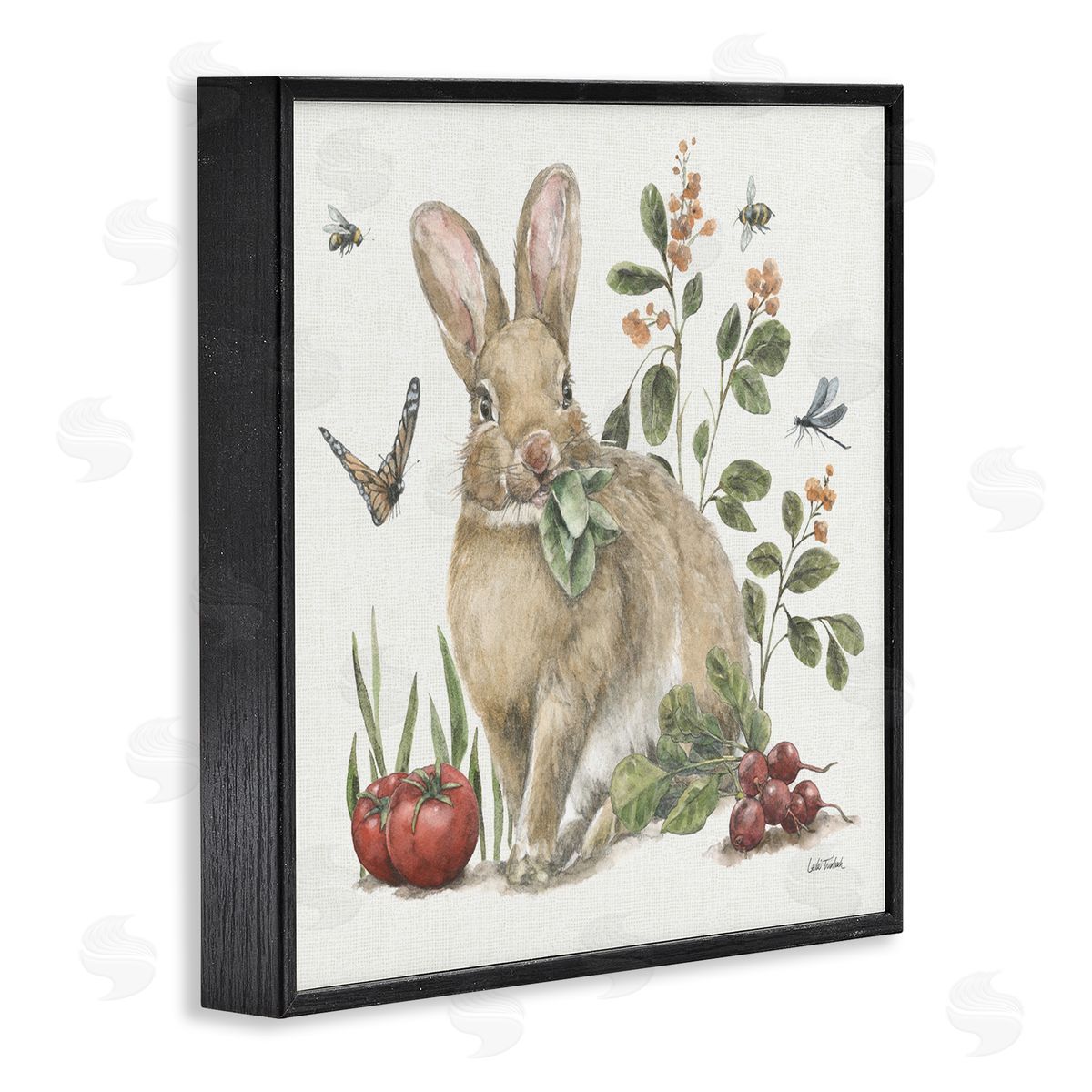 Rabbit and Butterfly Garden Black Frame Print Wall Art, Home Decor by Leslie Trimbach