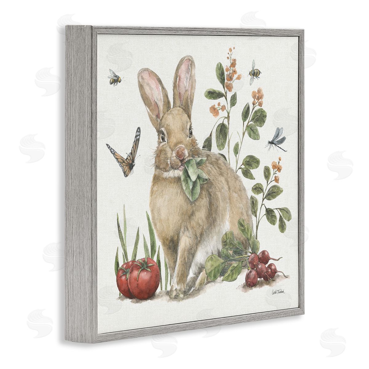 Rabbit and Butterfly Garden Grey Frame Print Wall Art, Home Decor by Leslie Trimbach