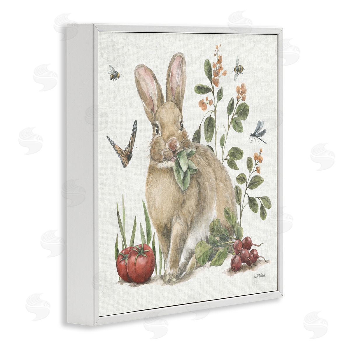 Rabbit and Butterfly Garden White Frame Print Wall Art, Home Decor by Leslie Trimbach