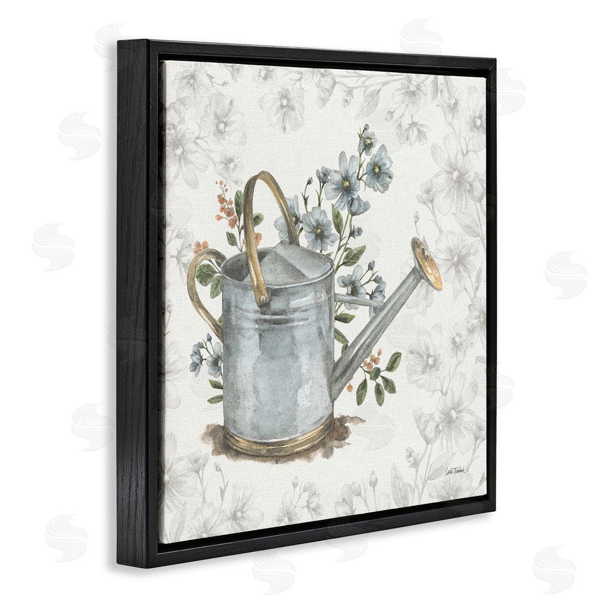 Floral Watering Can Black Floating Frame Canvas Wall Art, Home Decor by Leslie Trimbach
