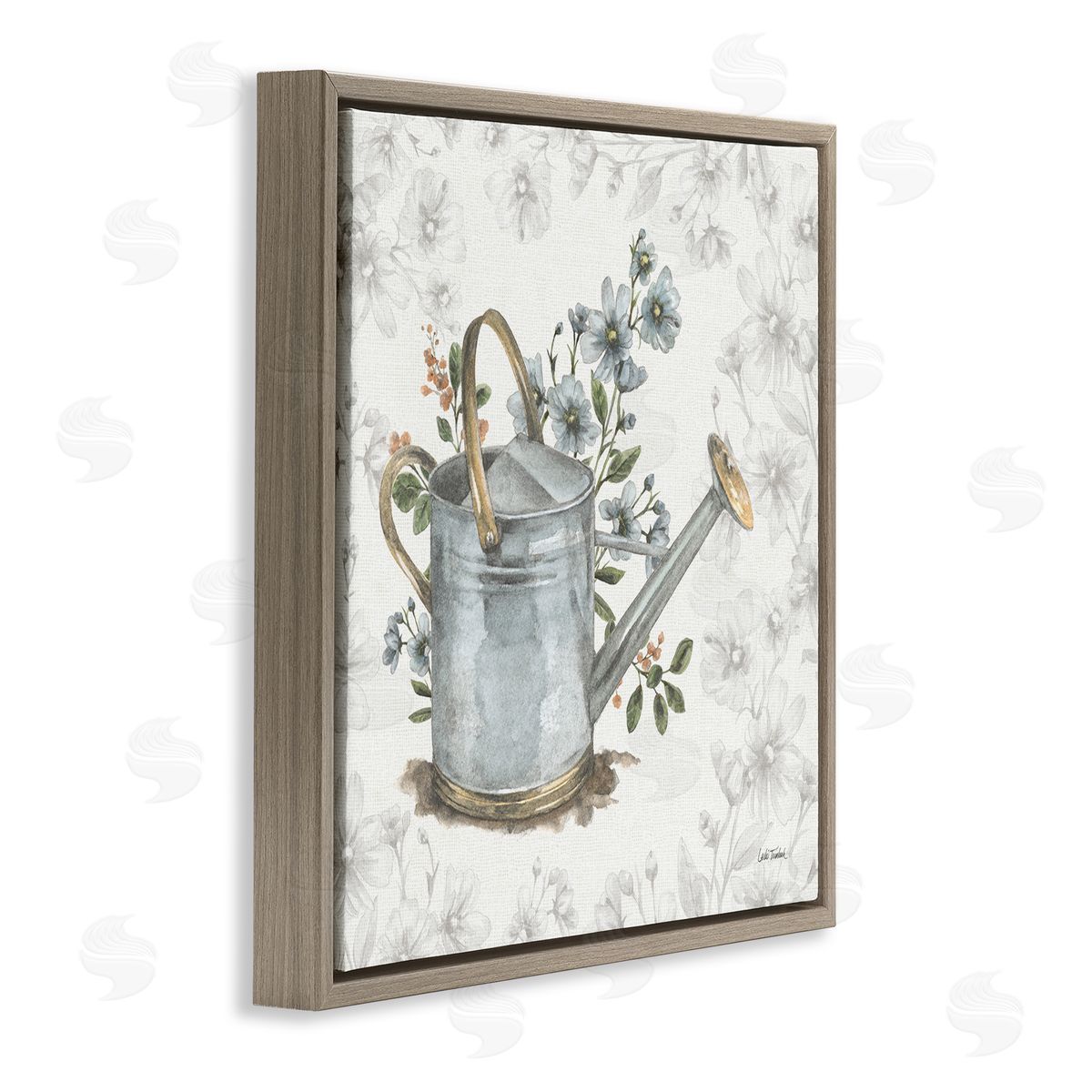 Floral Watering Can Brown Floating Frame Canvas Wall Art, Home Decor by Leslie Trimbach