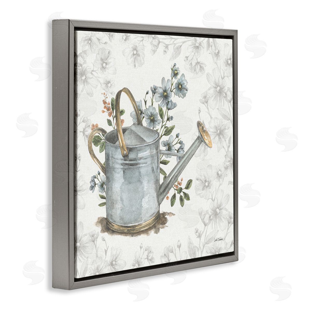 Floral Watering Can Grey Floating Frame Canvas Wall Art, Home Decor by Leslie Trimbach