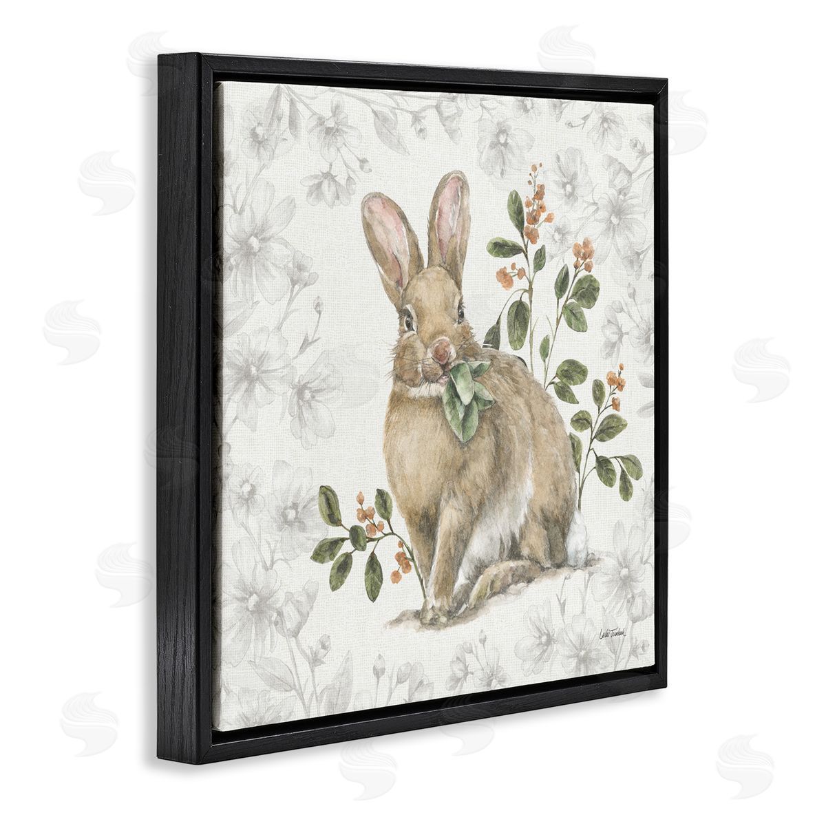 Floral Garden Bunny Black Floating Frame Canvas Wall Art, Home Decor by Leslie Trimbach