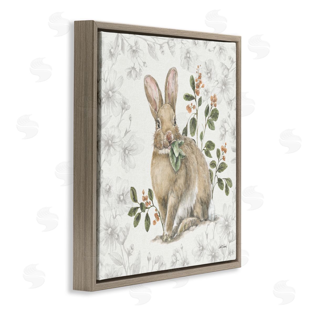 Floral Garden Bunny Brown Floating Frame Canvas Wall Art, Home Decor by Leslie Trimbach