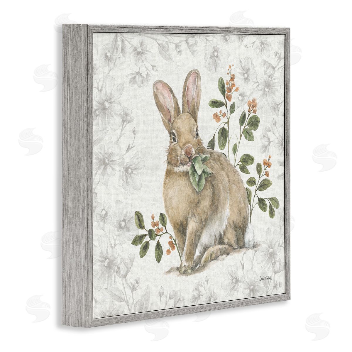 Floral Garden Bunny Grey Frame Print Wall Art, Home Decor by Leslie Trimbach