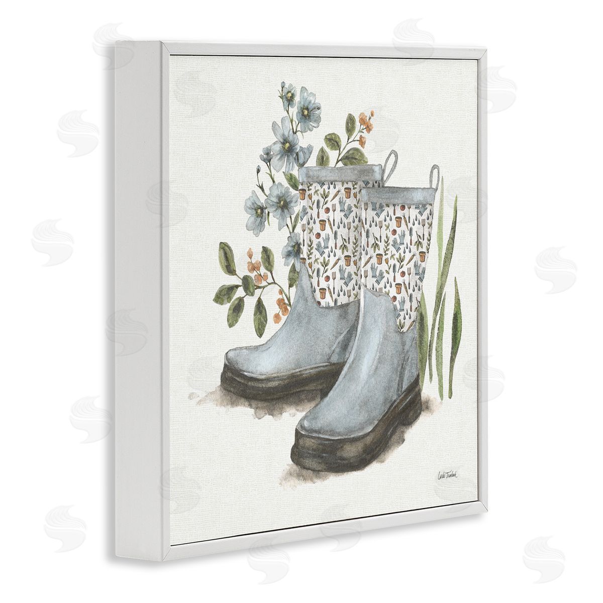Floral Gardening Boots White Frame Print Wall Art, Home Decor by Leslie Trimbach