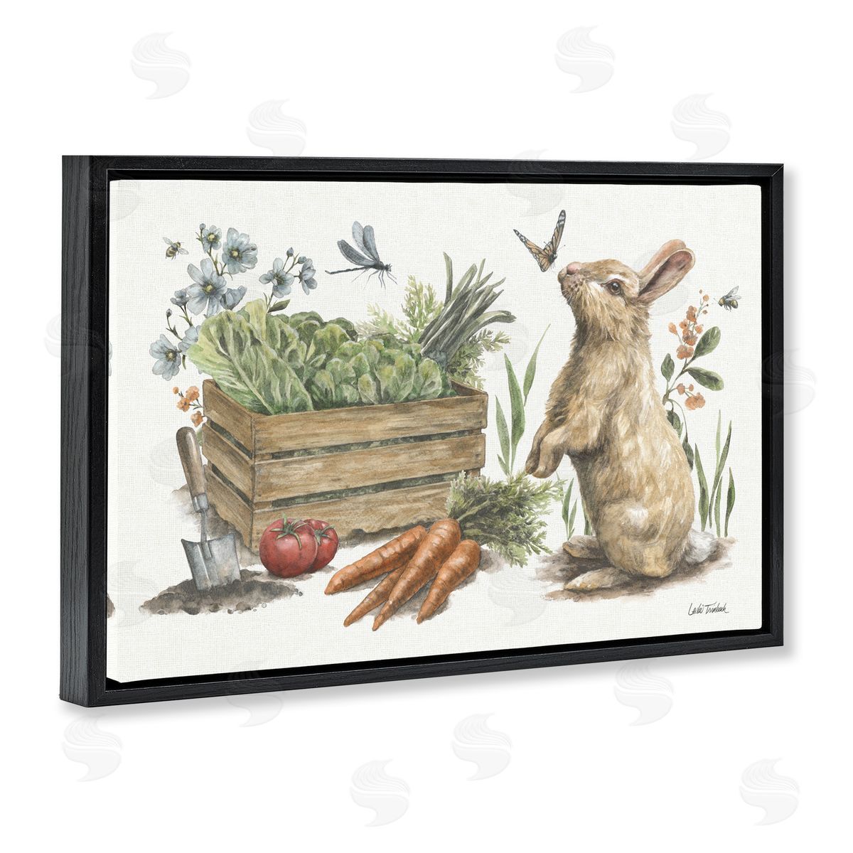 Gardening Bunny Scene Black Floating Frame Canvas Wall Art, Home Decor by Leslie Trimbach
