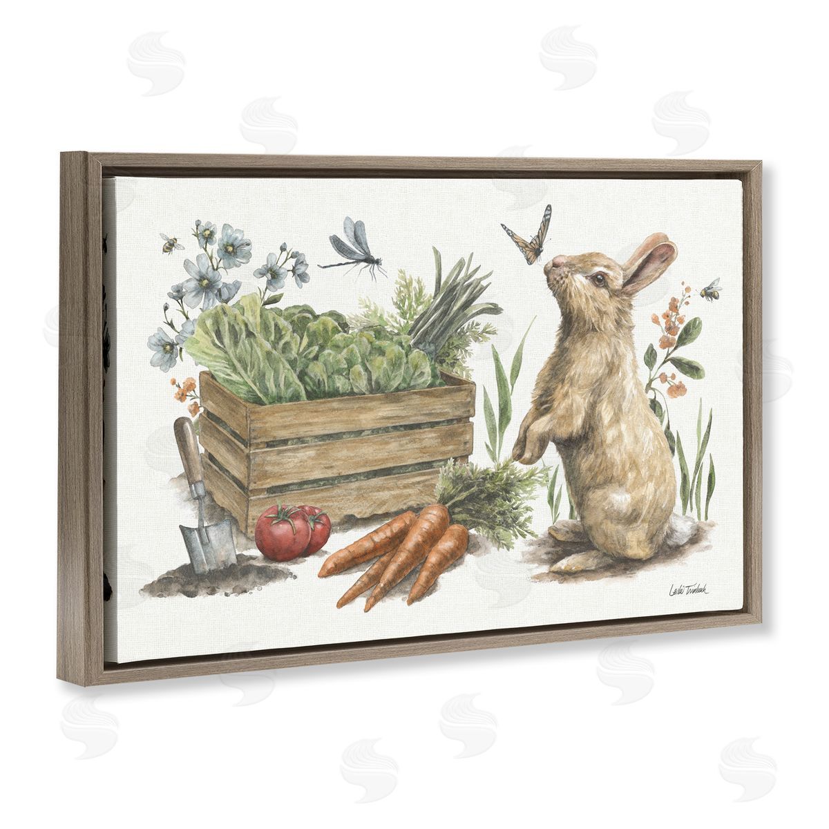 Gardening Bunny Scene Brown Floating Frame Canvas Wall Art, Home Decor by Leslie Trimbach