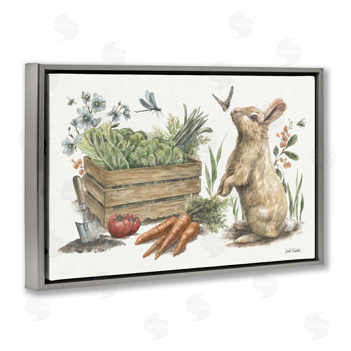 Gardening Bunny Scene Grey Floating Frame Canvas Wall Art, Home Decor by Leslie Trimbach