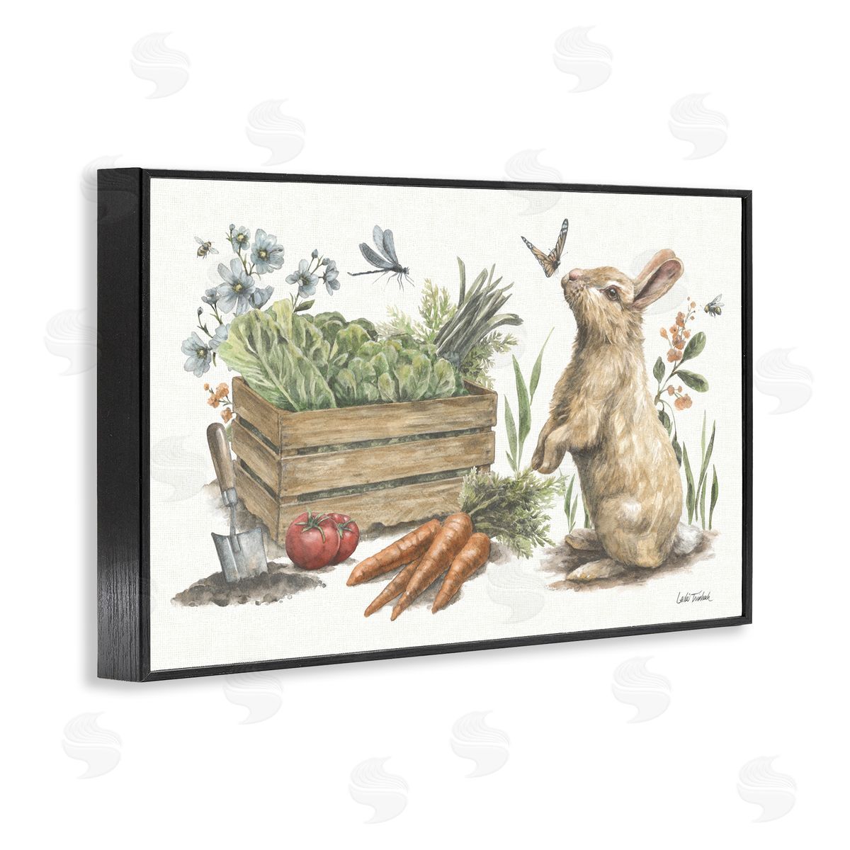 Gardening Bunny Scene Black Frame Print Wall Art, Home Decor by Leslie Trimbach