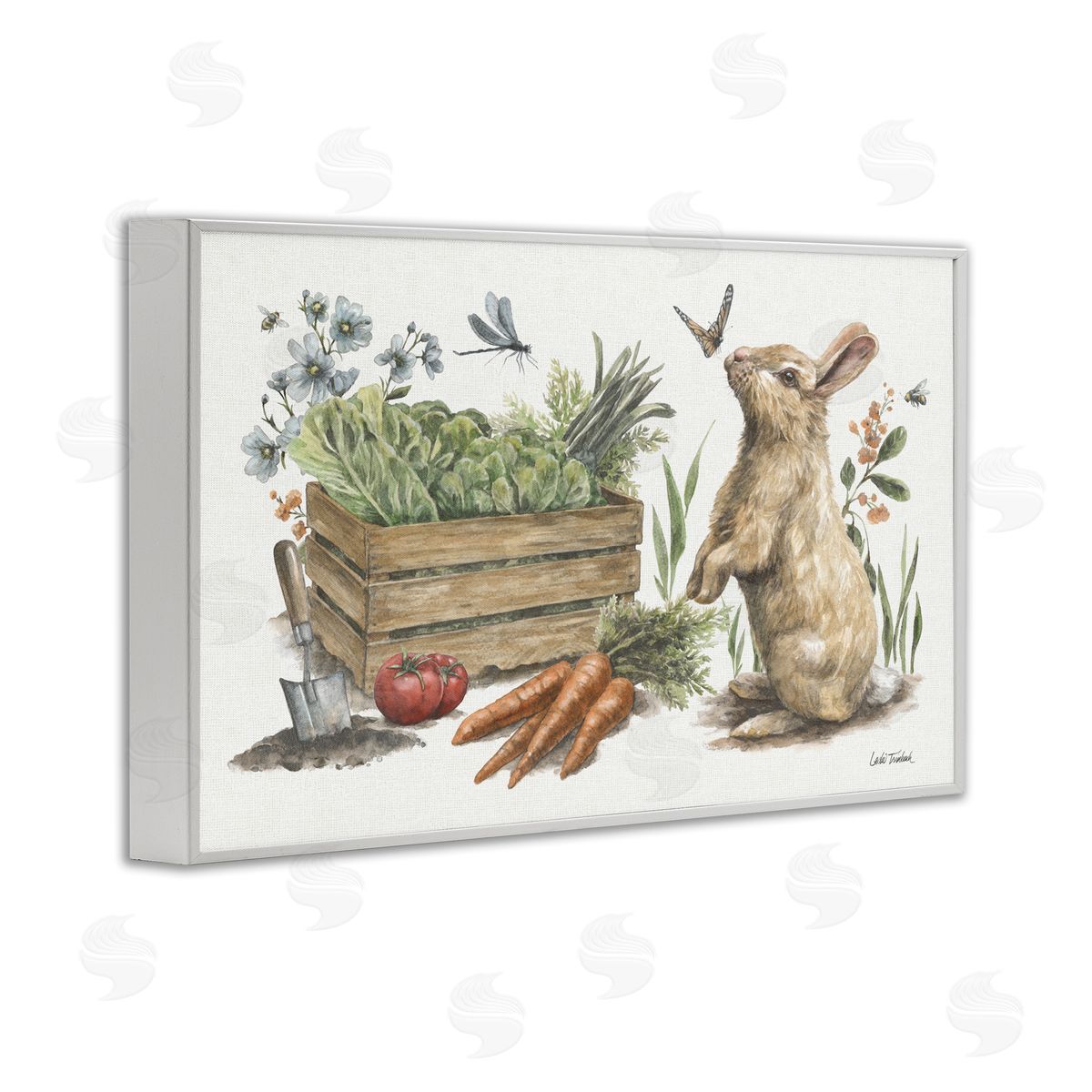 Gardening Bunny Scene White Frame Print Wall Art, Home Decor by Leslie Trimbach