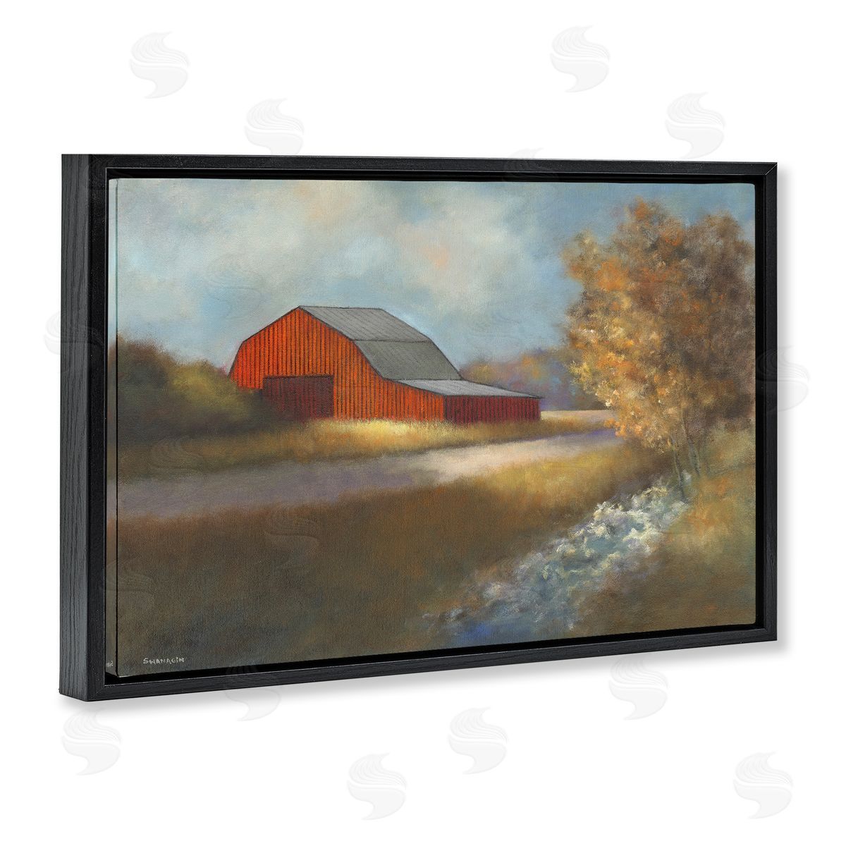 Traditional Red Barn Black Floating Frame Canvas Wall Art, Home Decor by David Swanagin