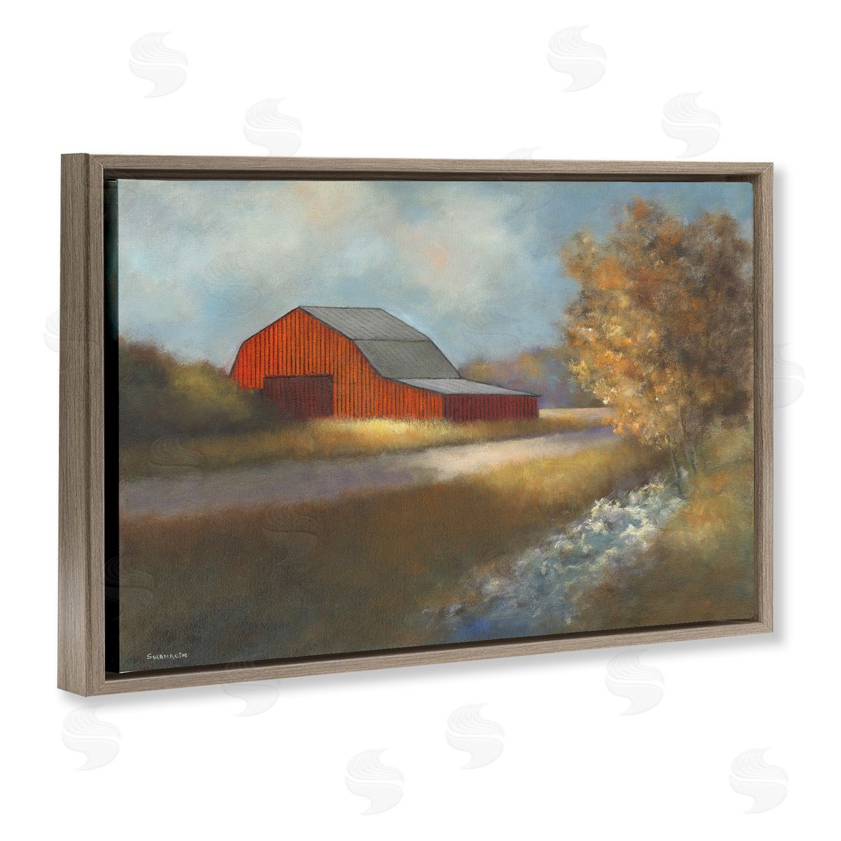 Traditional Red Barn Brown Floating Frame Canvas Wall Art, Home Decor by David Swanagin