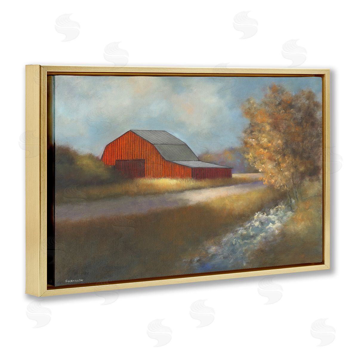 Traditional Red Barn Gold Floating Frame Canvas Wall Art, Home Decor by David Swanagin