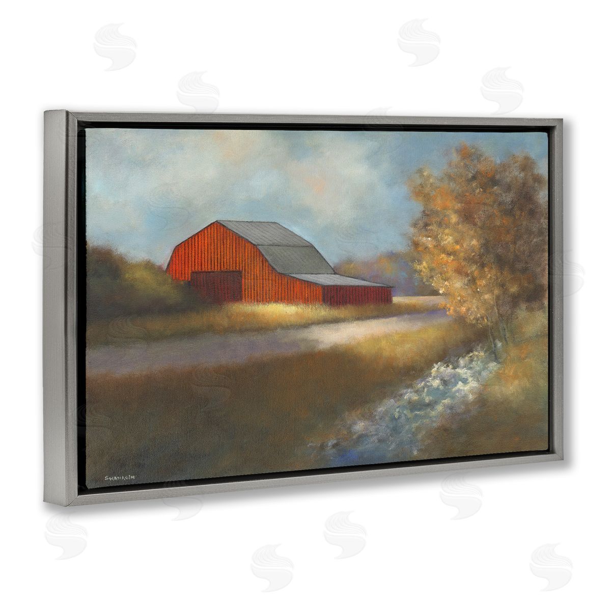 Traditional Red Barn Grey Floating Frame Canvas Wall Art, Home Decor by David Swanagin