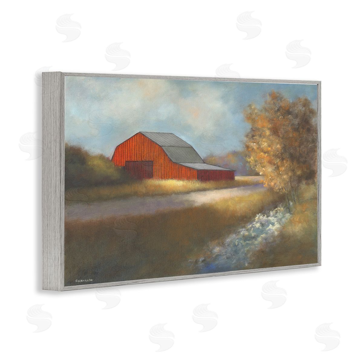 Traditional Red Barn Grey Frame Print Wall Art, Home Decor by David Swanagin