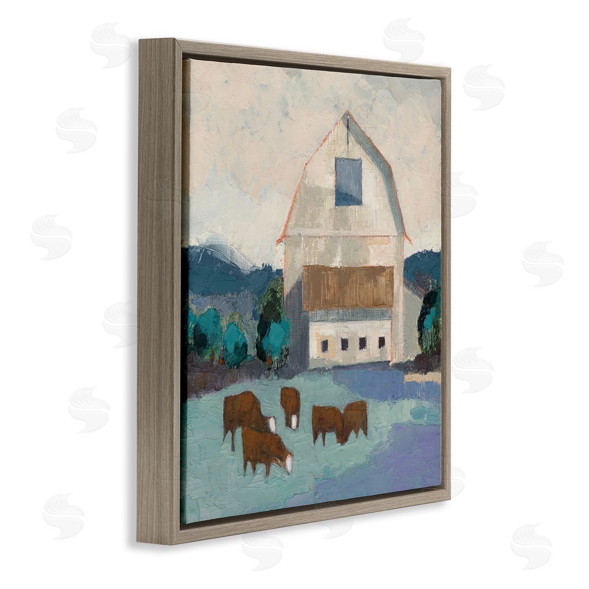 Barnyard Grazing Cattle Brown Floating Frame Canvas Wall Art, Home Decor by Sue Jachimiec