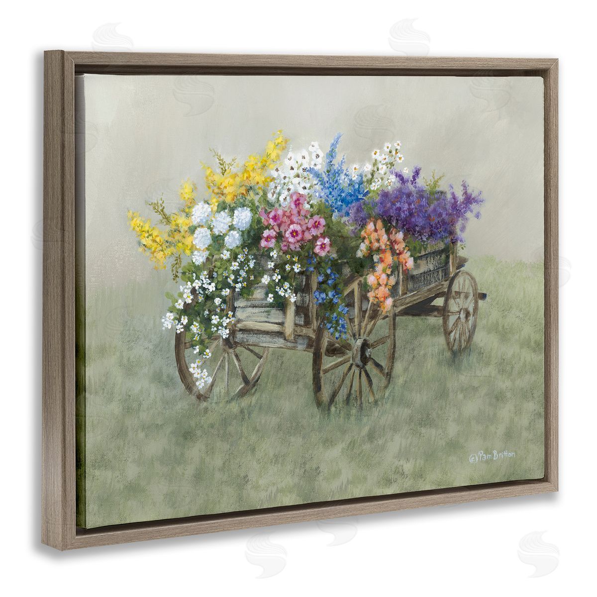 Floral Filled Wagon Brown Floating Frame Canvas Wall Art, Home Decor by Pam Britton