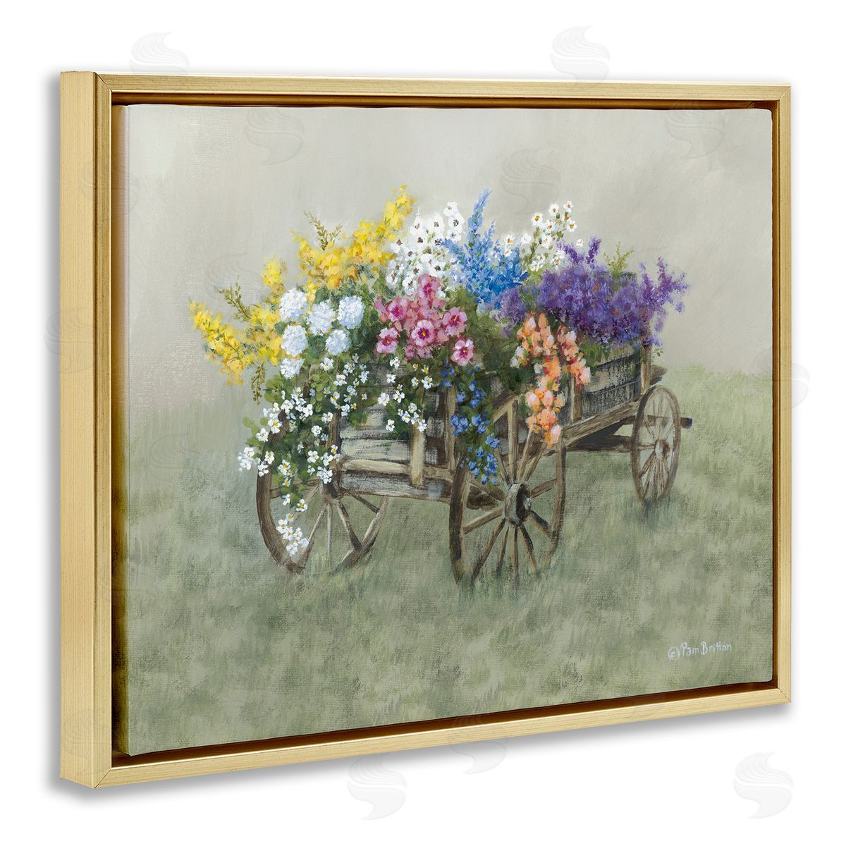 Floral Filled Wagon Gold Floating Frame Canvas Wall Art, Home Decor by Pam Britton