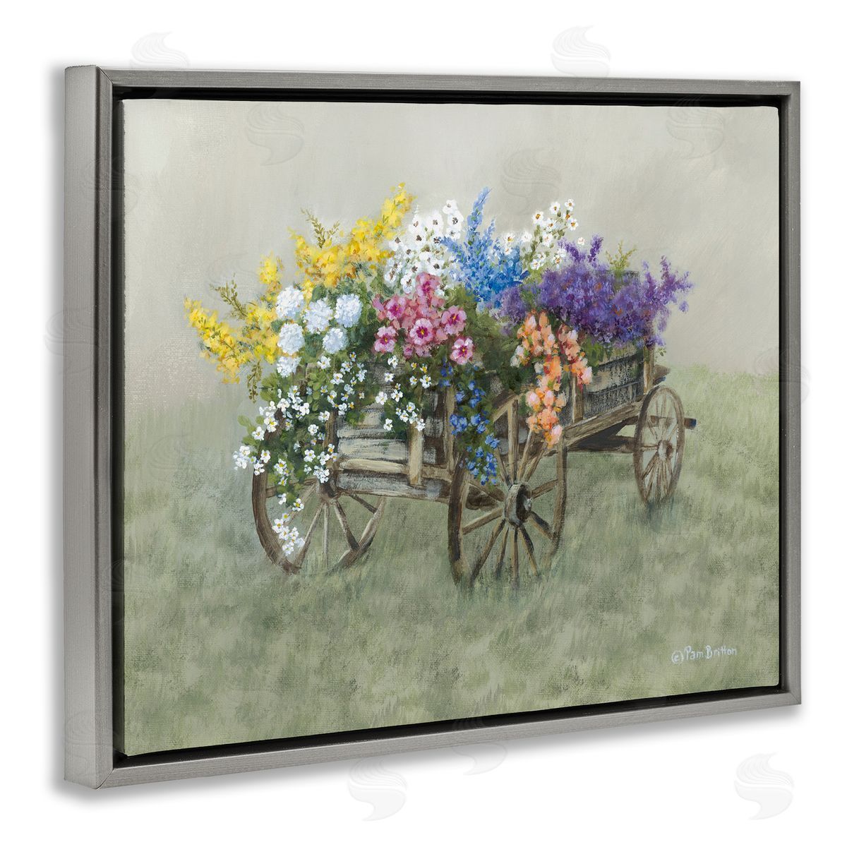 Floral Filled Wagon Grey Floating Frame Canvas Wall Art, Home Decor by Pam Britton