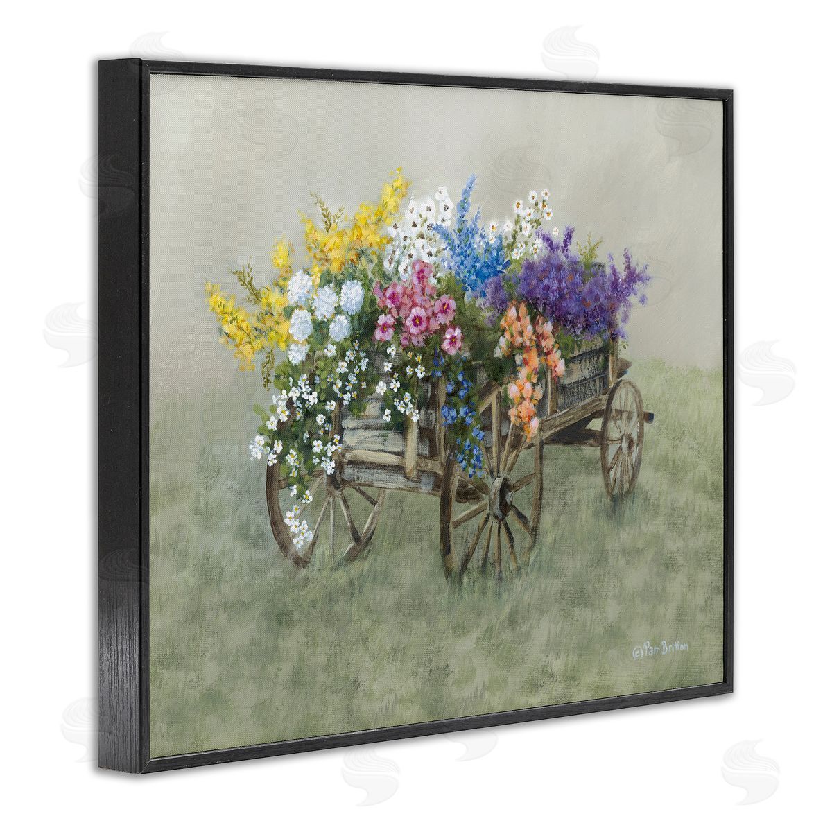Floral Filled Wagon Black Frame Print Wall Art, Home Decor by Pam Britton
