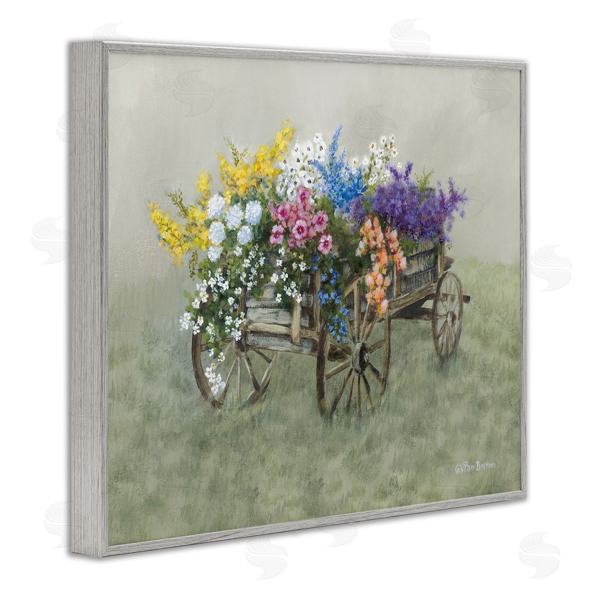 Floral Filled Wagon Grey Frame Print Wall Art, Home Decor by Pam Britton