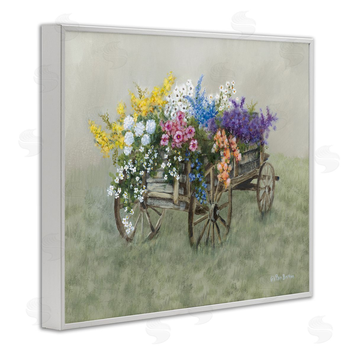 Floral Filled Wagon White Frame Print Wall Art, Home Decor by Pam Britton