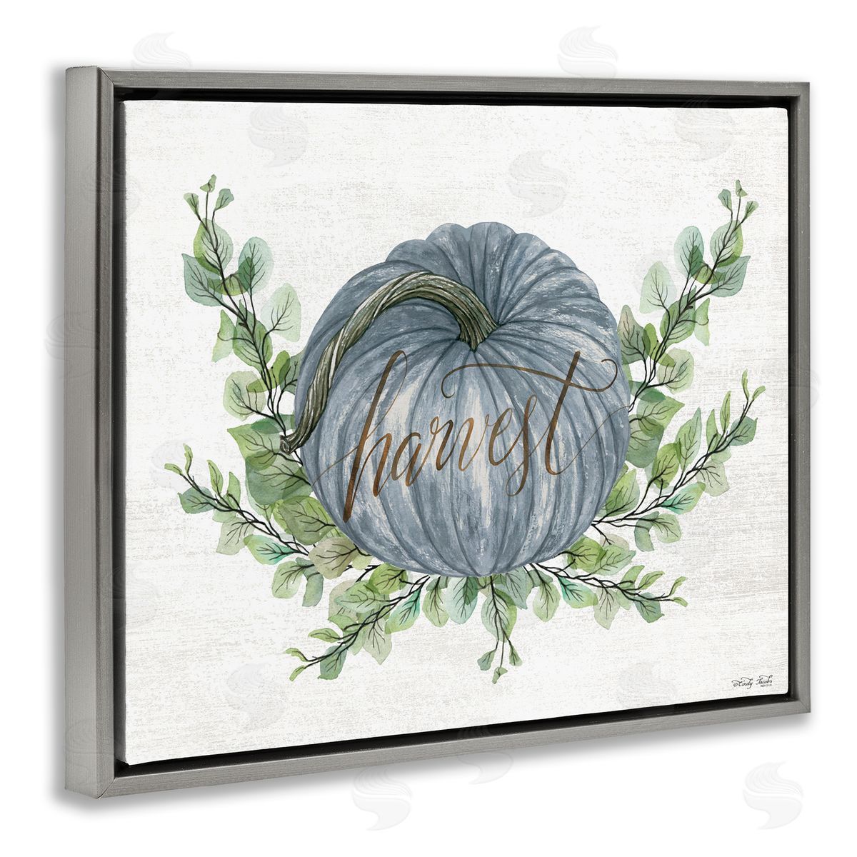 Blue Harvest Pumpkin Grey Floating Frame Canvas Wall Art, Home Decor by Cindy Jacobs