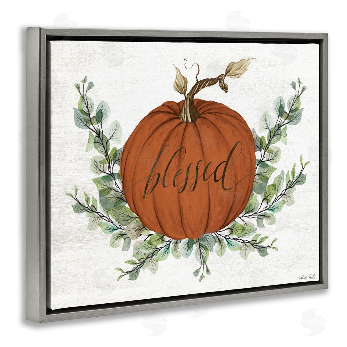 Orange Blessed Pumpkin Grey Floating Frame Canvas Wall Art, Home Decor by Cindy Jacobs