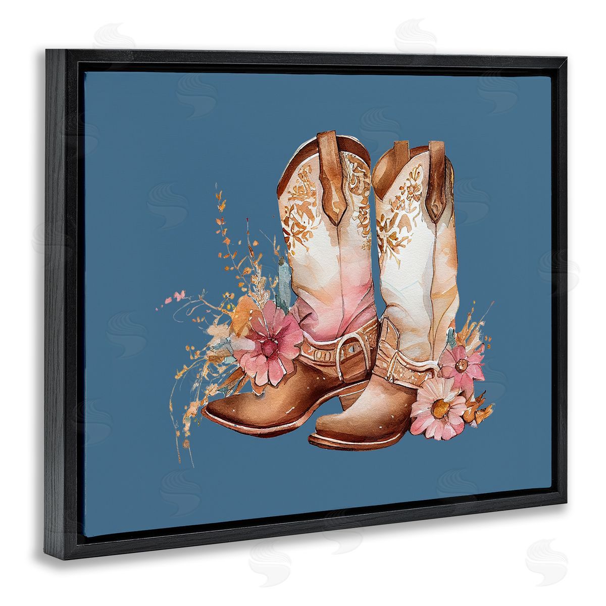 Birch & Ink Cowboy Boots & Wildflowers Black Floating Frame Canvas Wall Art Print