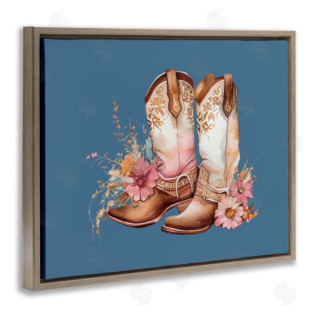 Birch & Ink Cowboy Boots & Wildflowers Brown Floating Frame Canvas Wall Art Print
