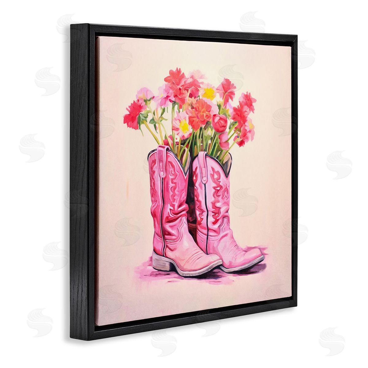 Pink Blossom Boots Black Floating Frame Canvas Wall Art, Home Decor by Andrea Haase