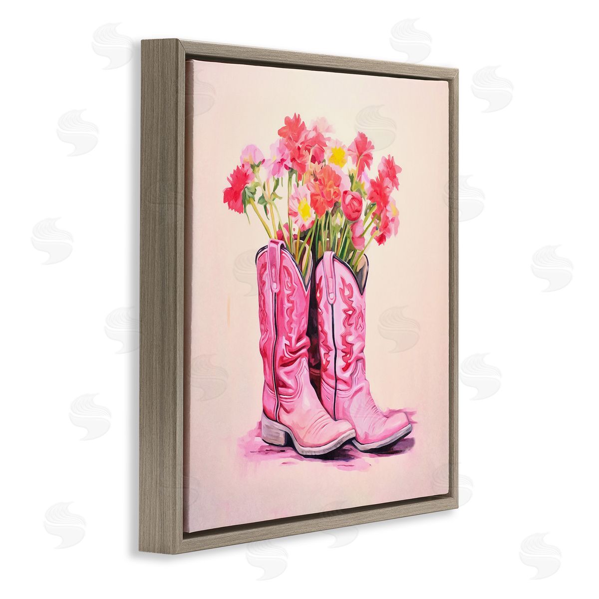 Pink Blossom Boots Brown Floating Frame Canvas Wall Art, Home Decor by Andrea Haase