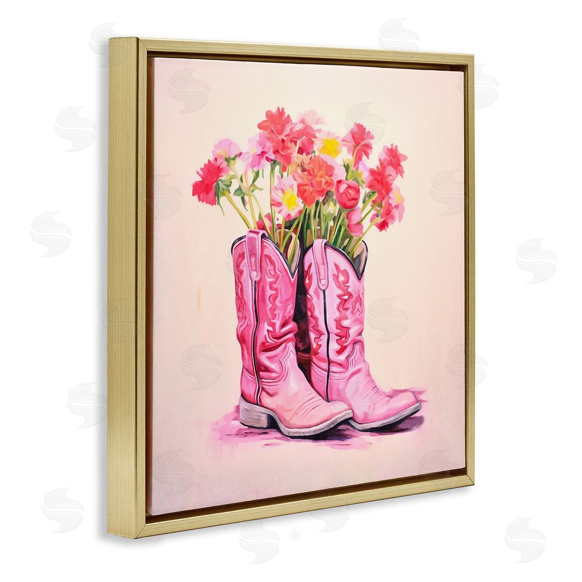 Pink Blossom Boots Gold Floating Frame Canvas Wall Art, Home Decor by Andrea Haase