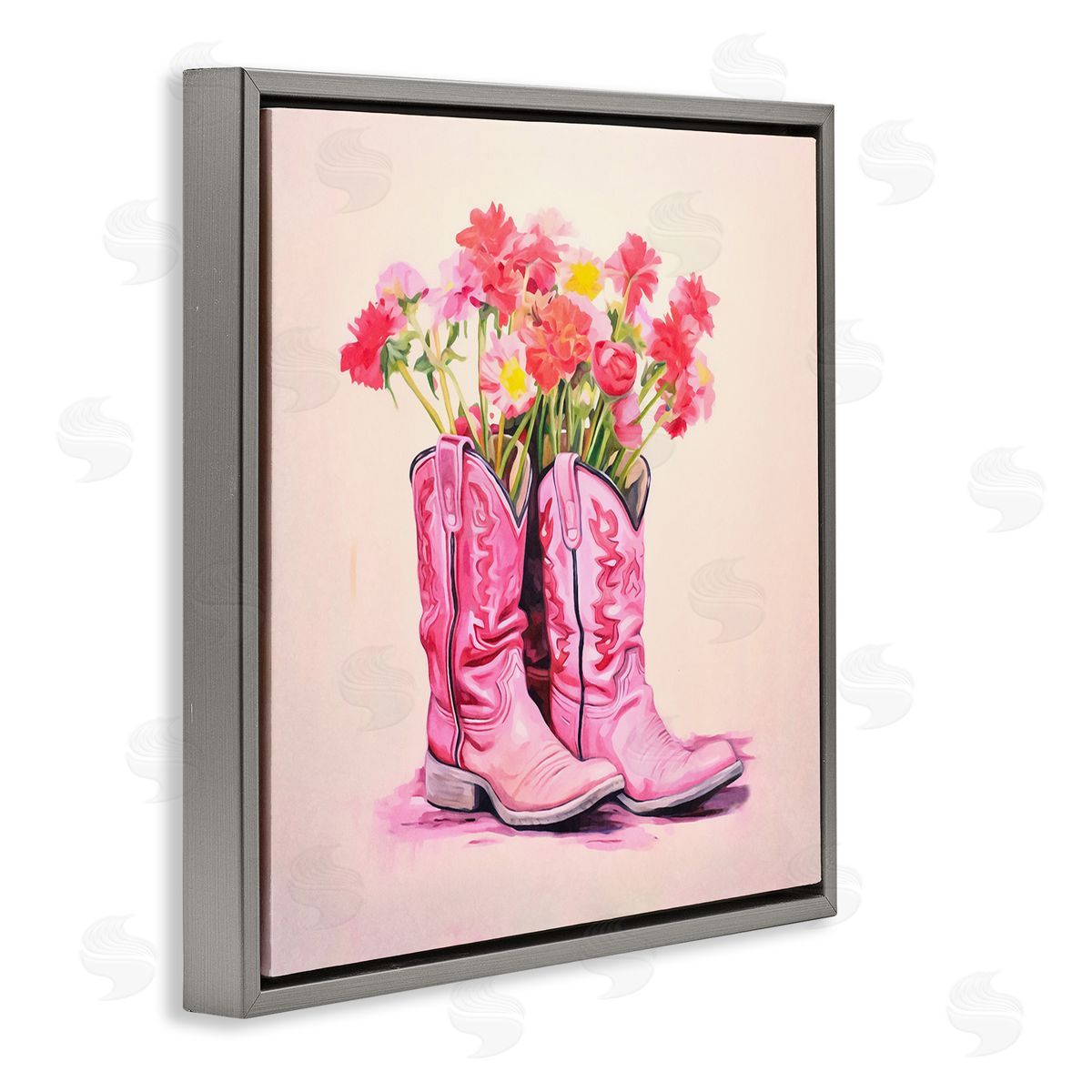 Pink Blossom Boots Grey Floating Frame Canvas Wall Art, Home Decor by Andrea Haase