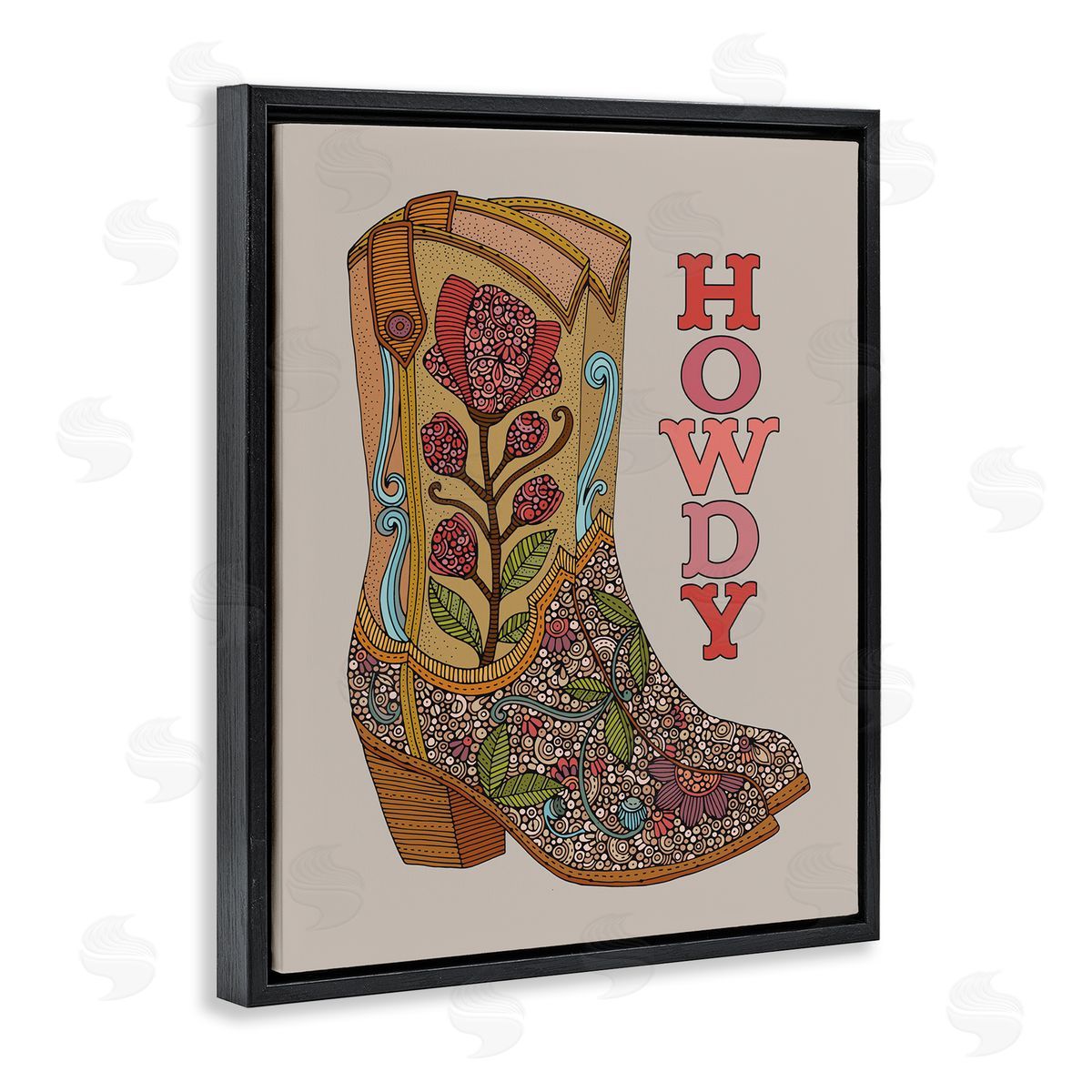 Howdy Cowboy Boots Black Floating Frame Canvas Wall Art, Home Decor by Martina Pavlova