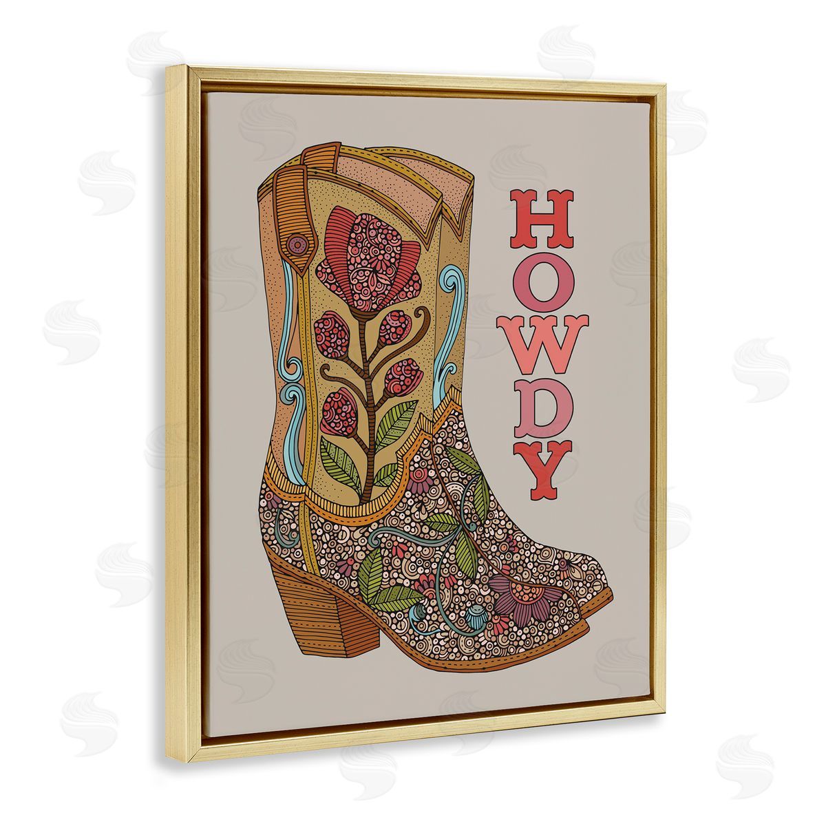 Howdy Cowboy Boots Gold Floating Frame Canvas Wall Art, Home Decor by Martina Pavlova