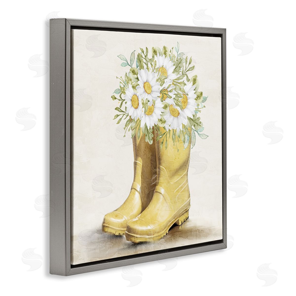 Sunny Daisy Boots Grey Floating Frame Canvas Wall Art, Home Decor by Kim Allen