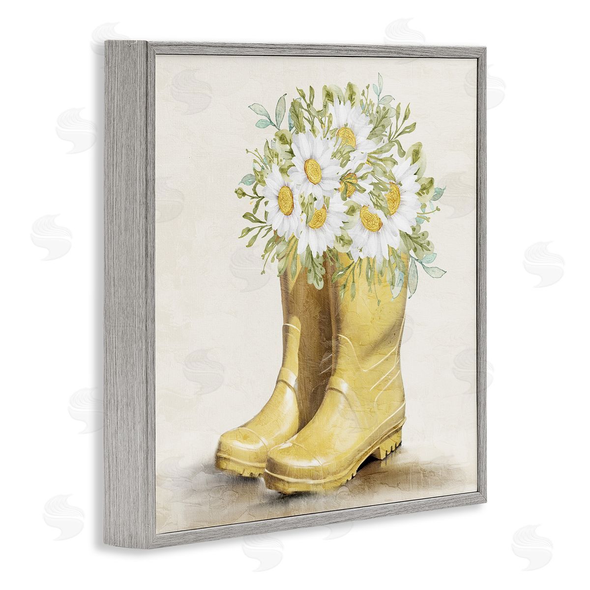 Sunny Daisy Boots Grey Frame Print Wall Art, Home Decor by Kim Allen