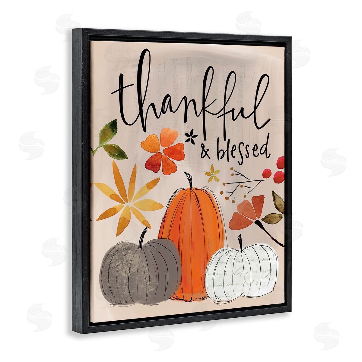 Thankful and Blessed Pumpkins Black Floating Frame Canvas Wall Art, Home Decor by Katie Doucette