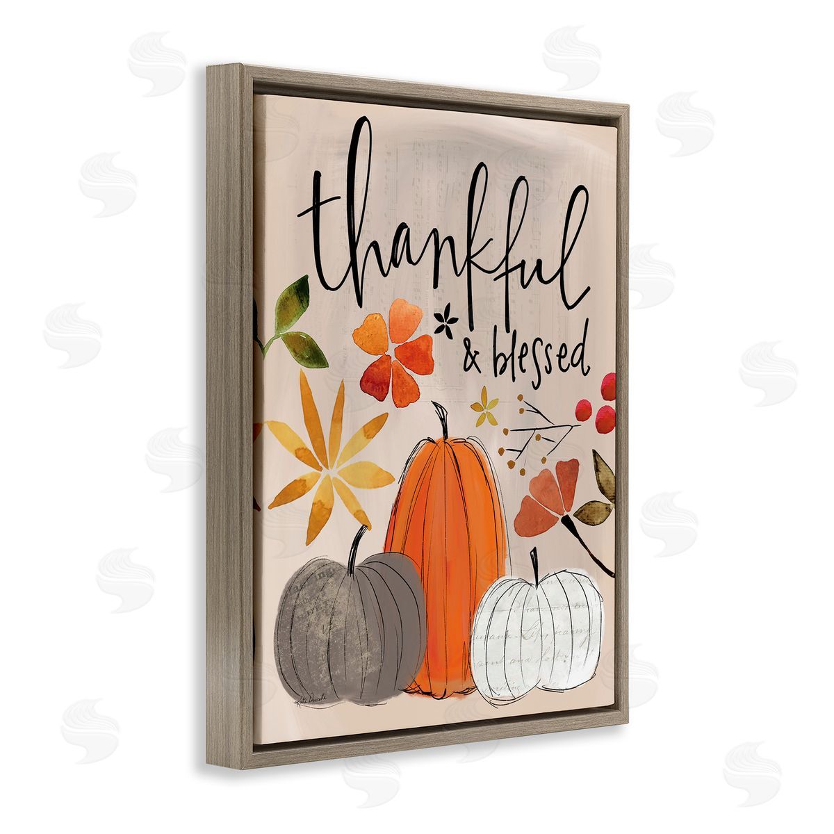 Thankful and Blessed Pumpkins Brown Floating Frame Canvas Wall Art, Home Decor by Katie Doucette