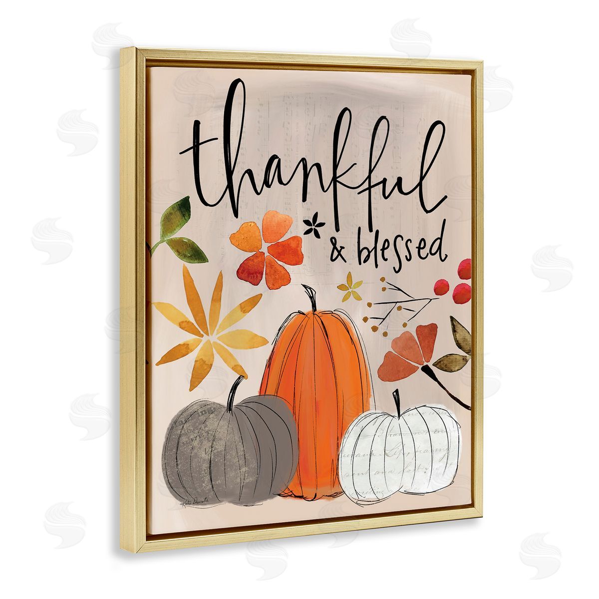 Thankful and Blessed Pumpkins Gold Floating Frame Canvas Wall Art, Home Decor by Katie Doucette