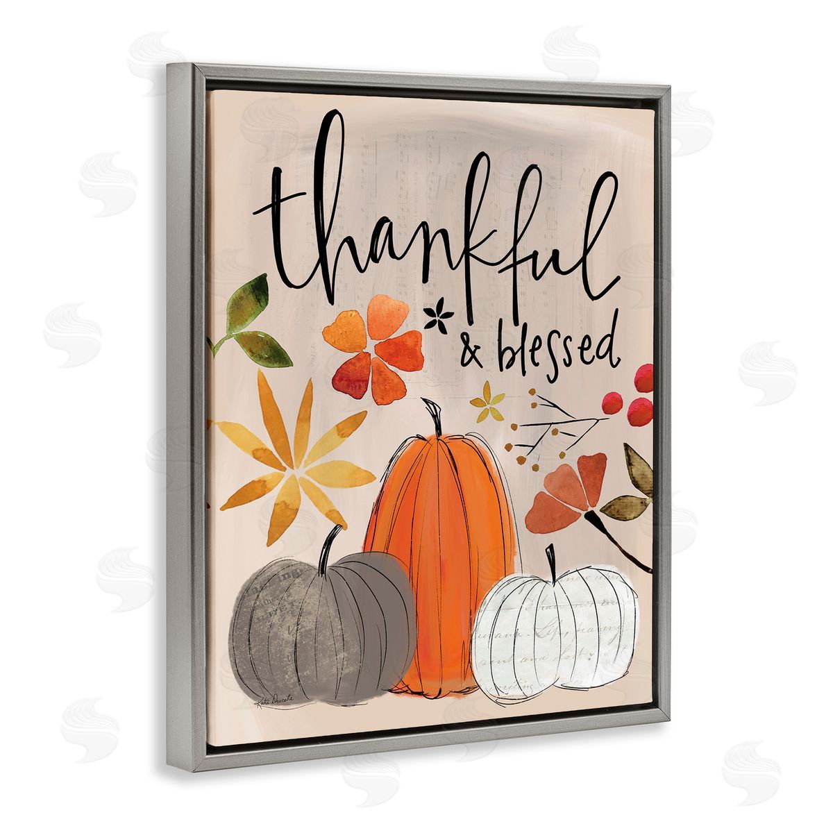 Thankful and Blessed Pumpkins Grey Floating Frame Canvas Wall Art, Home Decor by Katie Doucette
