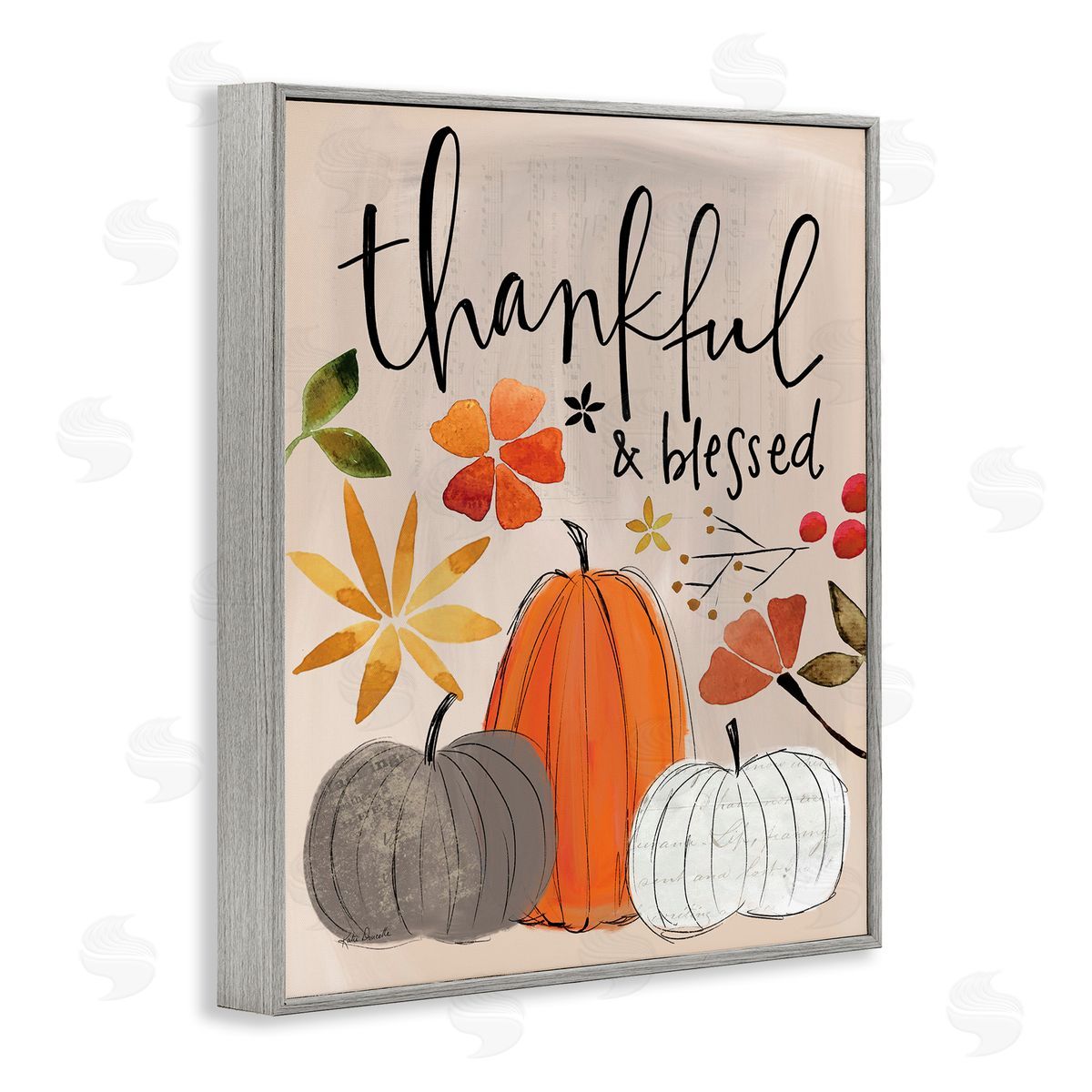 Thankful and Blessed Pumpkins Grey Frame Print Wall Art, Home Decor by Katie Doucette